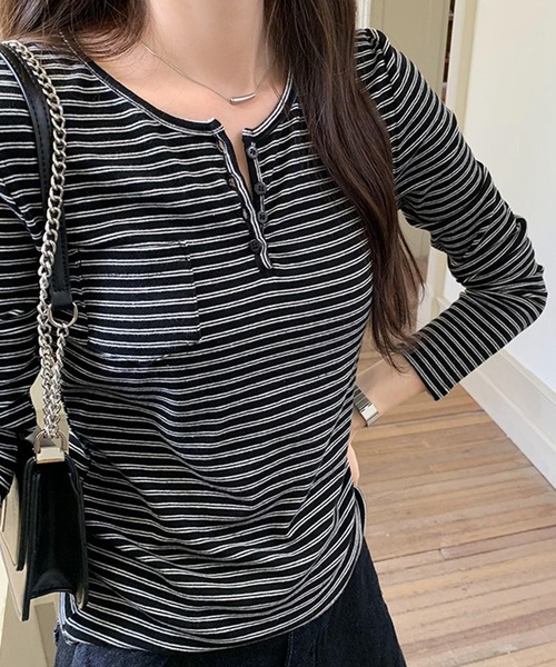 WESTSEA(ウエストシー)の「ヘンリーネック ボーダー長袖 トップス ストレッチ付(Tシャツ/カットソー・レディース・アイボリー/ブラック・L/M)」の8枚目の写真