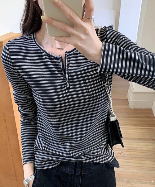 WESTSEA(ウエストシー)の「ヘンリーネック ボーダー長袖 トップス ストレッチ付(Tシャツ/カットソー・レディース・アイボリー/ブラック・L/M)」の9枚目の写真