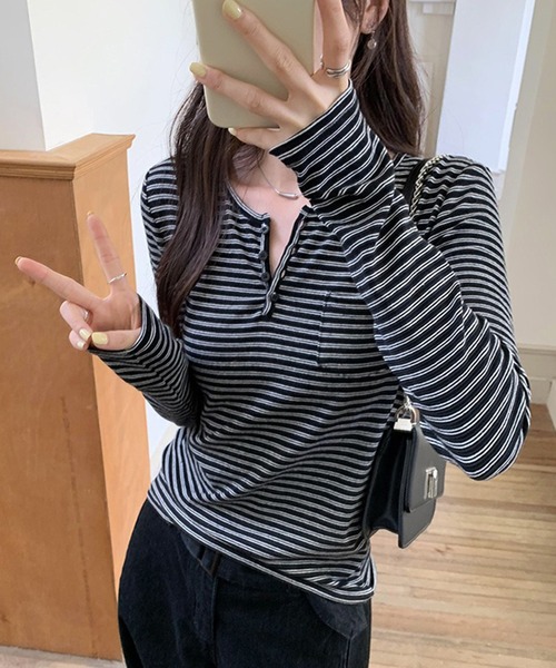 WESTSEA(ウエストシー)の「ヘンリーネック ボーダー長袖 トップス ストレッチ付(Tシャツ/カットソー・レディース・アイボリー/ブラック・L/M)」の10枚目の写真