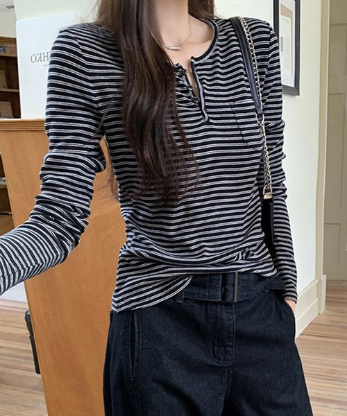 WESTSEA(ウエストシー)の「ヘンリーネック ボーダー長袖 トップス ストレッチ付(Tシャツ/カットソー・レディース・アイボリー/ブラック・L/M)」の11枚目の写真