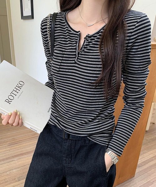 WESTSEA(ウエストシー)の「ヘンリーネック ボーダー長袖 トップス ストレッチ付(Tシャツ/カットソー・レディース・アイボリー/ブラック・L/M)」の12枚目の写真