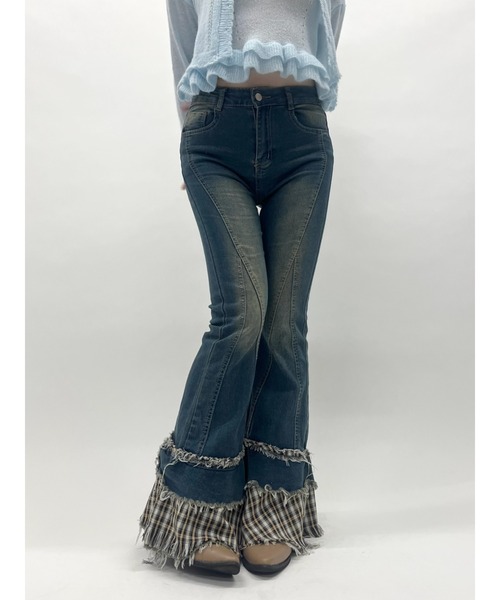 MORE self LOVE(モアセルフラブ)の「チェックパッチワークデニム(デニムパンツ・レディース・ブラック/ブルー・SMALL/MEDIUM)」の7枚目の写真