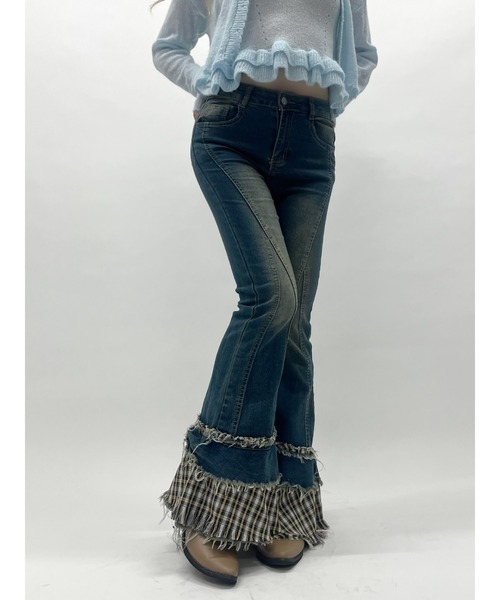 MORE self LOVE(モアセルフラブ)の「チェックパッチワークデニム(デニムパンツ・レディース・ブラック/ブルー・SMALL/MEDIUM)」の8枚目の写真