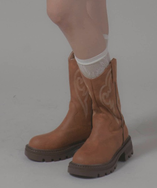 Chick(チック)の「Stitch Western Boots / ステッチウエスタンブーツ(ブーツ・レディース・ダークブラウン/ブラウン・23cm/24cm/22.5cm/23.5cm)」の1枚目の写真