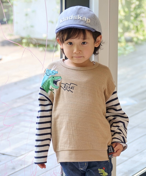 kladskap(クレードスコープ)の「恐竜接結長袖Tシャツ(Tシャツ/カットソー・キッズ・ベージュ/グレー・80cm/90cm/100cm/110cm/120cm/130cm)」の1枚目の写真