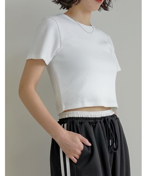 Re:EDIT（リエディ）の「[新色追加]テレコリブクロップド半袖Ｔシャツ（Tシャツ/カットソー・レディース・ブラウン/レッド/ホワイト/ブラック/チャコールグレー/ブルー・LARGE/MEDIUM）」の22枚目の写真