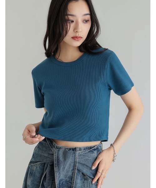 Re:EDIT（リエディ）の「[新色追加]テレコリブクロップド半袖Ｔシャツ（Tシャツ/カットソー・レディース・ブラウン/レッド/ホワイト/ブラック/チャコールグレー/ブルー・LARGE/MEDIUM）」の13枚目の写真