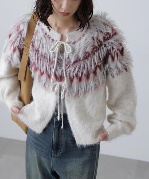 FREE'S MART（フリーズマート）の「◆前後２ＷＡＹノルディック柄リボンカーディ（ニット/セーター・レディース・ホワイト/ブラウン/グレー・FREE）」の2枚目の写真