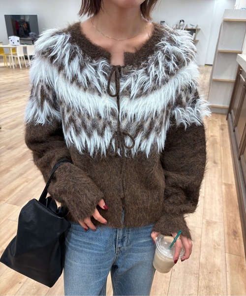 FREE'S MART（フリーズマート）の「◆前後２ＷＡＹノルディック柄リボンカーディ（ニット/セーター・レディース・ホワイト/ブラウン/グレー・FREE）」の3枚目の写真