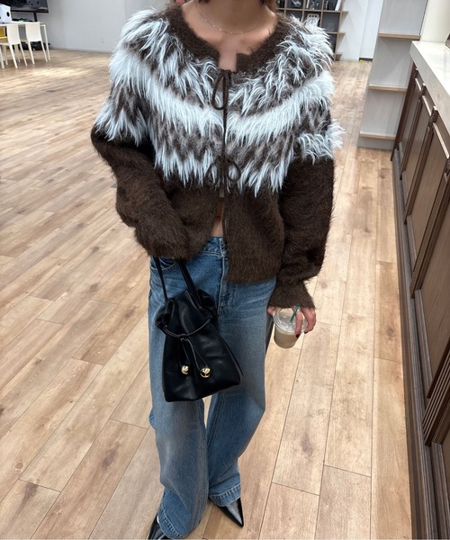 FREE'S MART（フリーズマート）の「◆前後２ＷＡＹノルディック柄リボンカーディ（ニット/セーター・レディース・ホワイト/ブラウン/グレー・FREE）」の4枚目の写真