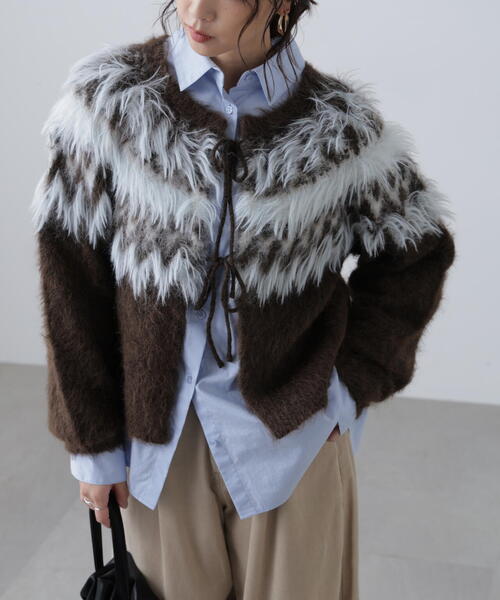 FREE'S MART（フリーズマート）の「◆前後２ＷＡＹノルディック柄リボンカーディ（ニット/セーター・レディース・ホワイト/ブラウン/グレー・FREE）」の5枚目の写真