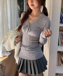 25aw レース付き/vネックニットトップス