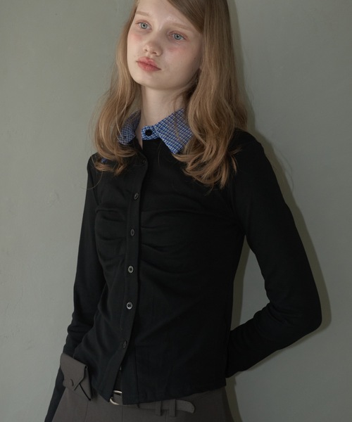 ジャンティ　捻り襟　黒トップス 襟付きギャザートップス/gathered collared tops（Tシャツ/カットソー