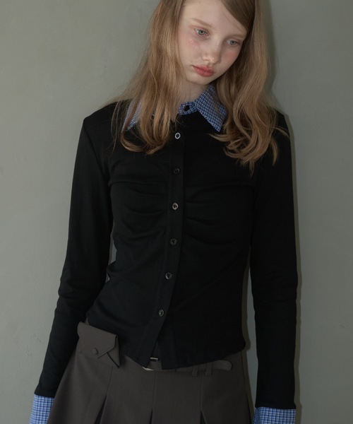 Birthday room（バースデイルーム）の「襟付きギャザートップス/gathered collared tops（Tシャツ/カットソー・レディース・ブラック/グレー・FREE）」の7枚目の写真