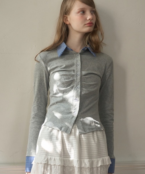 襟付きギャザートップス/gathered collared tops（Tシャツ/カットソー