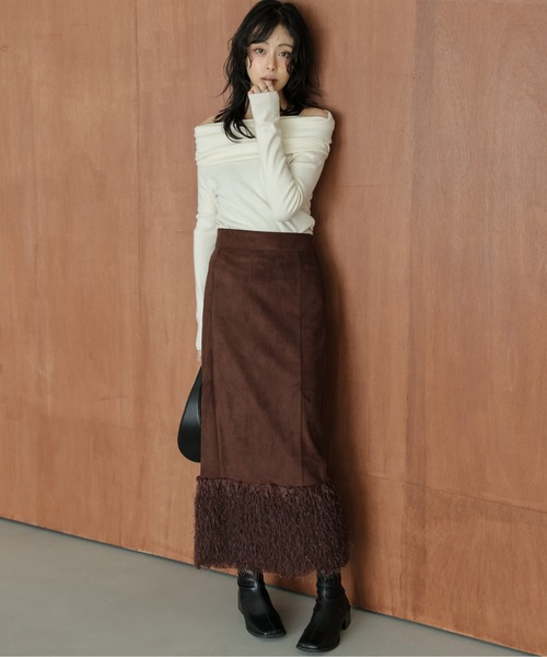 AMELY(エミリー)の「エコファー 異素材切り替え ナロースカート(スカート・レディース・ベージュ/ブラウン/オフホワイト・L/M)」の13枚目の写真