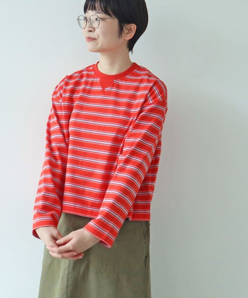 PAR ICI(パーリッシィ)の「マルチボーダー天竺 ガゼットショートプルオーバー(Tシャツ/カットソー・レディース・ホワイト/ブラック/オレンジ・FREE)」の3枚目の写真