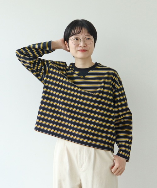 PAR ICI(パーリッシィ)の「マルチボーダー天竺 ガゼットショートプルオーバー(Tシャツ/カットソー・レディース・ホワイト/ブラック/オレンジ・FREE)」の1枚目の写真