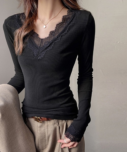 ONEP STAR(ワンピスター)の「レース付きVネックトップス(Tシャツ/カットソー・レディース・ホワイト/ブラック・MEDIUM/LARGE/X-LARGE)」の1枚目の写真