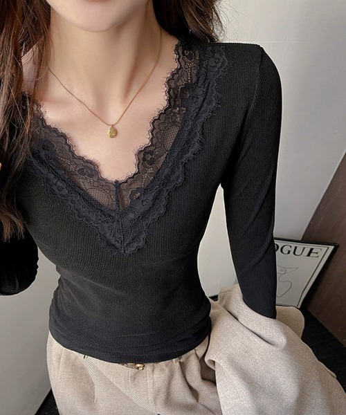 ONEP STAR(ワンピスター)の「レース付きVネックトップス(Tシャツ/カットソー・レディース・ホワイト/ブラック・MEDIUM/LARGE/X-LARGE)」の11枚目の写真