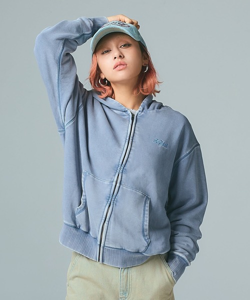 BLEACHED LOGO PATCH ZIP UP SWEAT HOODIE（パーカー）｜X-girl