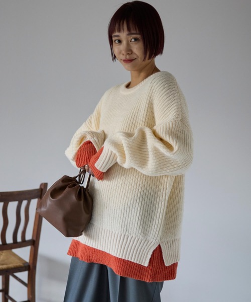 pocket（ポケット）の「配色レイヤード畦ニットプルオーバー（ニット/セーター・レディース・レッド/グレー/アイボリー/ブラック・FREE）」の6枚目の写真