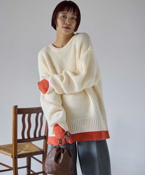 pocket（ポケット）の「配色レイヤード畦ニットプルオーバー（ニット/セーター・レディース・レッド/グレー/アイボリー/ブラック・FREE）」の8枚目の写真