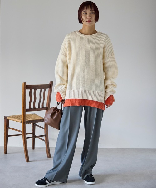 pocket（ポケット）の「配色レイヤード畦ニットプルオーバー（ニット/セーター・レディース・レッド/グレー/アイボリー/ブラック・FREE）」の9枚目の写真