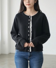 レースフリル切替 ニットカーディガン