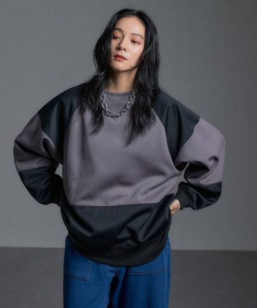 Soiunique（スワユニーク）の「【裏起毛】 オーバーサイズ配色切替プルオーバー ［Soiunique］（Tシャツ/カットソー・レディース・グリーン系/グレー系・M～Ｌ/L～LL）」の17枚目の写真
