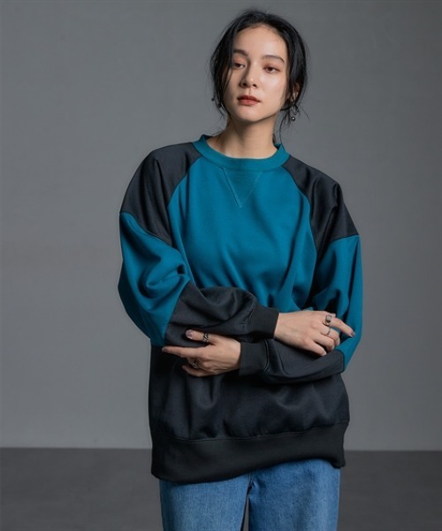 Soiunique（スワユニーク）の「【裏起毛】 オーバーサイズ配色切替プルオーバー ［Soiunique］（Tシャツ/カットソー・レディース・グリーン系/グレー系・M～Ｌ/L～LL）」の14枚目の写真
