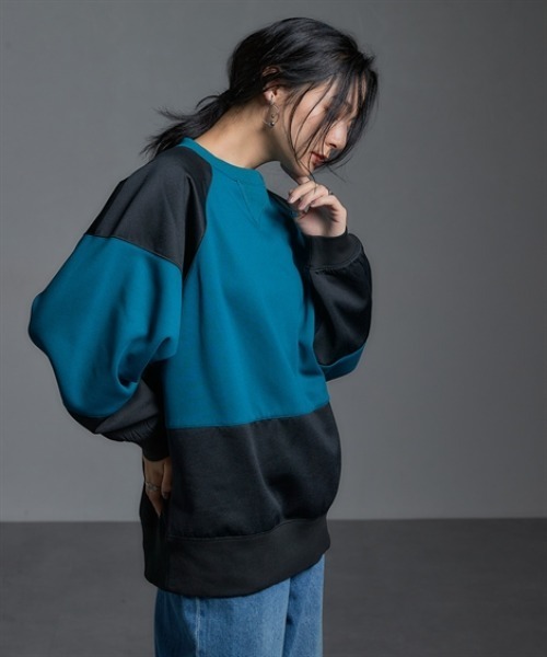 Soiunique（スワユニーク）の「【裏起毛】 オーバーサイズ配色切替プルオーバー ［Soiunique］（Tシャツ/カットソー・レディース・グリーン系/グレー系・M～Ｌ/L～LL）」の16枚目の写真