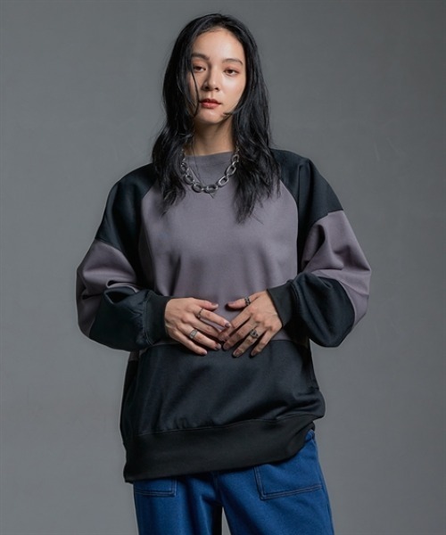 Soiunique（スワユニーク）の「【裏起毛】 オーバーサイズ配色切替プルオーバー ［Soiunique］（Tシャツ/カットソー・レディース・グリーン系/グレー系・M～Ｌ/L～LL）」の5枚目の写真