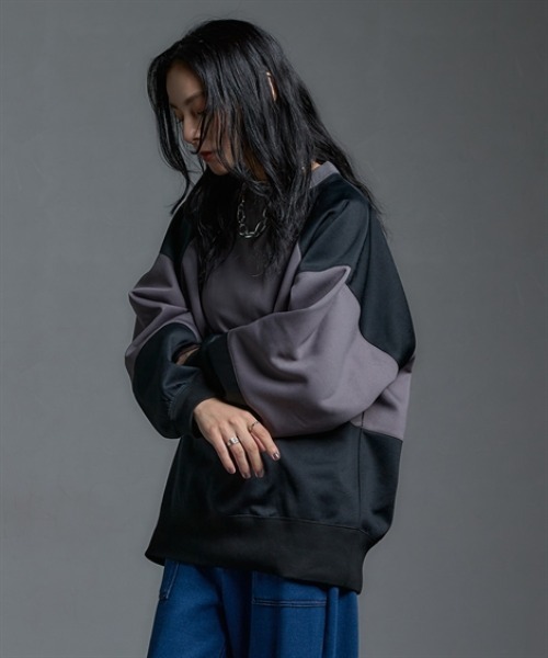 Soiunique（スワユニーク）の「【裏起毛】 オーバーサイズ配色切替プルオーバー ［Soiunique］（Tシャツ/カットソー・レディース・グリーン系/グレー系・M～Ｌ/L～LL）」の6枚目の写真