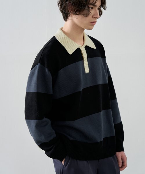 DRAW FIT（ドローフィット）の「ストライプコットンカラー ニット [ブラック]（ニット/セーター・メンズ・その他・X-LARGE/LARGE/MEDIUM）」の2枚目の写真