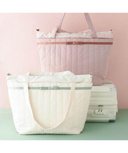 バイカラーサテン トラベルバッグ ミント×アイボリー 撥水加工 旅行