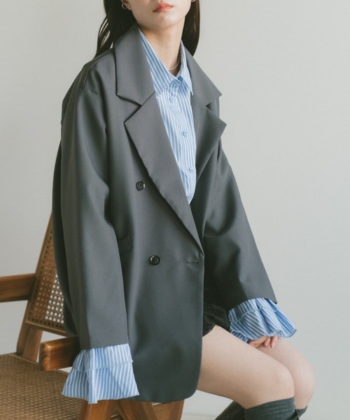 VANNIE U（ヴァニーユー）の「フリルキャンディースリーブショートシャツ（シャツ/ブラウス・レディース・ブルー/ストライプ/ホワイト・FREE）」の3枚目の写真