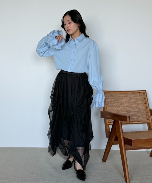 VANNIE U（ヴァニーユー）の「フリルキャンディースリーブショートシャツ（シャツ/ブラウス・レディース・ブルー/ストライプ/ホワイト・FREE）」の13枚目の写真