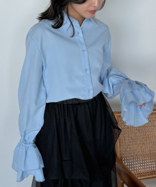 VANNIE U（ヴァニーユー）の「フリルキャンディースリーブショートシャツ（シャツ/ブラウス・レディース・ブルー/ストライプ/ホワイト・FREE）」の11枚目の写真