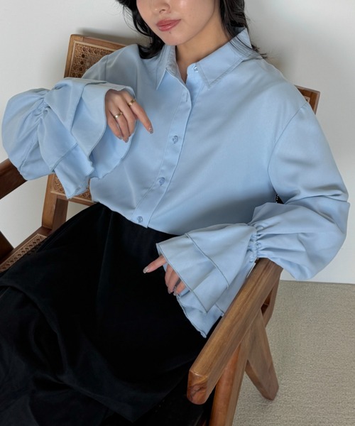 VANNIE U（ヴァニーユー）の「フリルキャンディースリーブショートシャツ（シャツ/ブラウス・レディース・ブルー/ストライプ/ホワイト・FREE）」の10枚目の写真