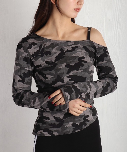 WESTSEA(ウエストシー)の「カモフラージュ ストラップ付ワンショルダー長袖T(Tシャツ/カットソー・レディース・チャコール・FREE)」の1枚目の写真