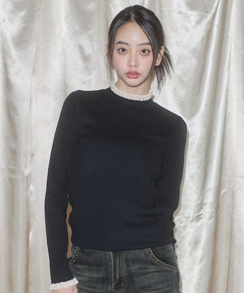 MSGirl(エムエスジーガール)の「レースニットトップス(ニット/セーター・レディース・ブラック/グレー/オフホワイト・F)」の1枚目の写真