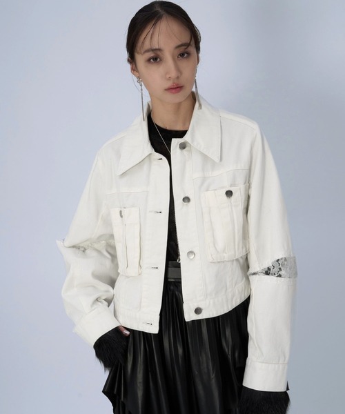 HARE(ハレ)の「レースキリカエデニムジャケット(HARE)(デニムジャケット・レディース・ブラック/ホワイト/ネイビー・FREE)」の2枚目の写真