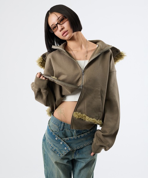 FTW（エフティダブリュー）の「3WAY FUR REMOVAL ZIP HOODIE（パーカー・レディース・チャコールグレー/ライトグリーン・LARGE/MEDIUM/SMALL）」の6枚目の写真