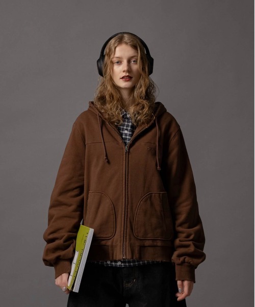 ルネ　ニット半袖パーカー　ブラウン Cut-off Short Zip Hoodie - カットオフショートジップパーカー
