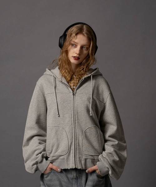 セオリー パーカー オープンフロントフーディ スキッパー スウェット モカ系 Cut-off Short Zip Hoodie - カットオフショートジップパーカー
