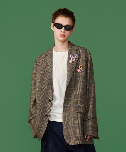 セール】【UNISEX】GRUNGE CHECK TAILORED JACKET with BADGE/グランジ 