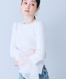 袖口シアーラッフルリブニット