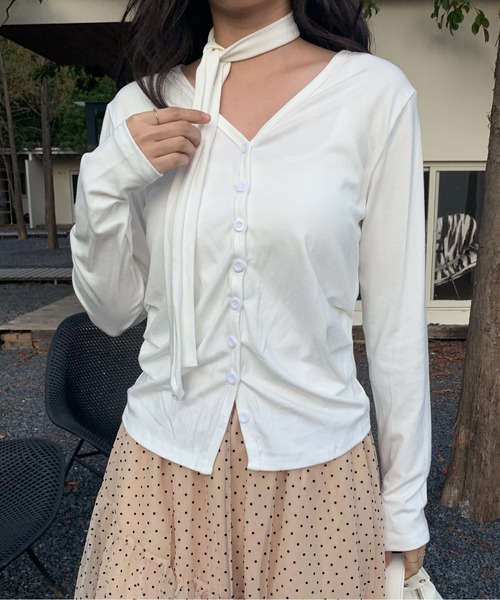 Siel(シエル)の「ネックタイカットソー(Tシャツ/カットソー・レディース・ブラウン/グレー/ホワイト/ブラック・FREE)」の2枚目の写真