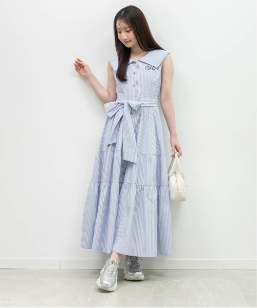 RANDA(ランダ)の「ロゴ刺繍シャツティアードワンピース(シャツワンピース・レディース・ブルー/ベージュ・0/1)」の5枚目の写真